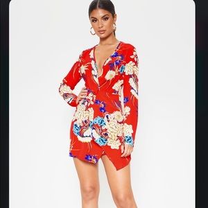 Red Floral Long Sleeve Wrap Dress Size 6